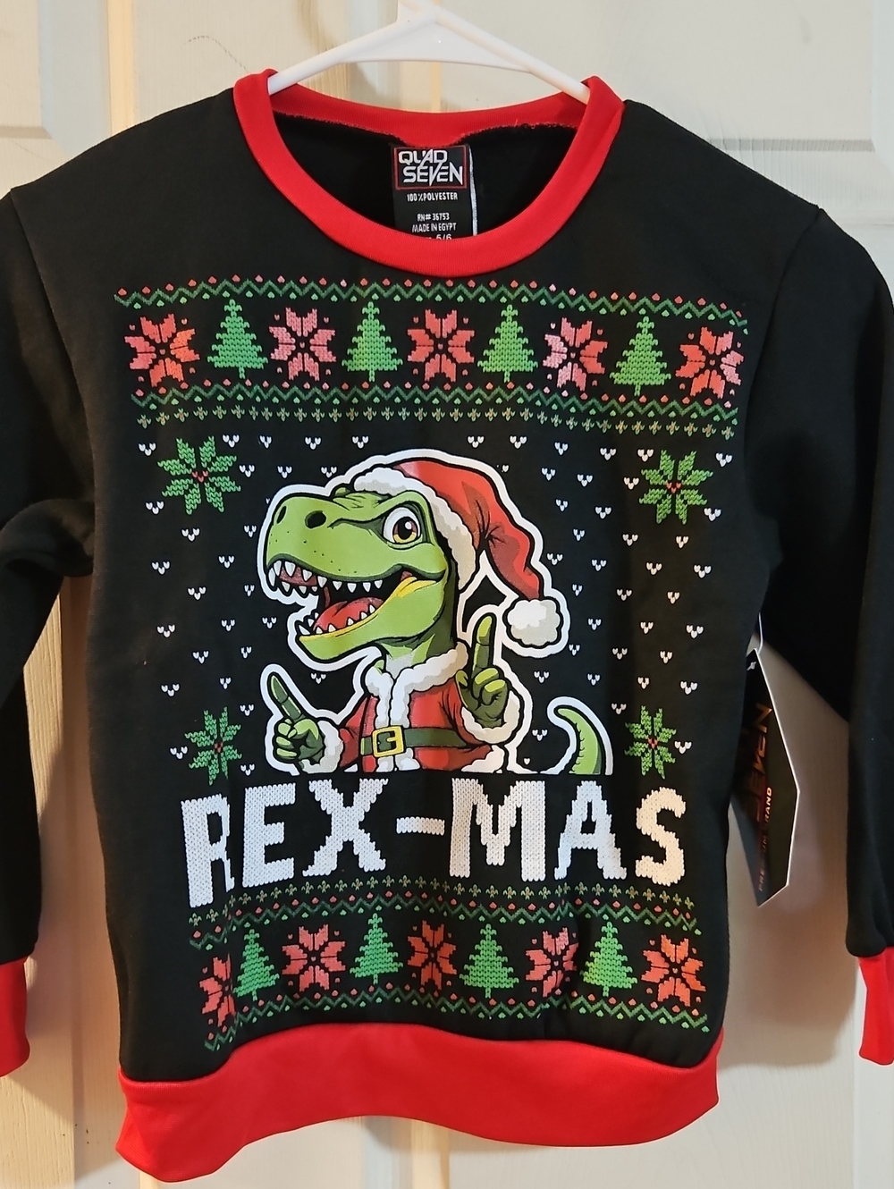 QUAD SEVEN REX-MAS CHRISTMAS SWEATSHIRT: BLACK/RED: NEW WITH TAGS: SIZE 5/6